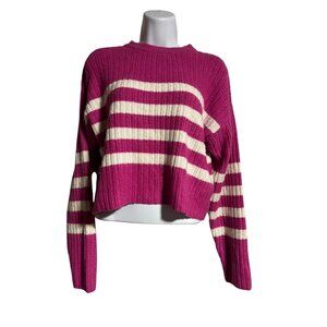 Pink Rose Cropped Magenta Striped Ribbed Knit Sweater Womens Small Pink White